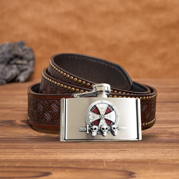Cinturón de cuero celta con forma de cruz de 3 oz para hombre, hecho a mano, con frasco oculto