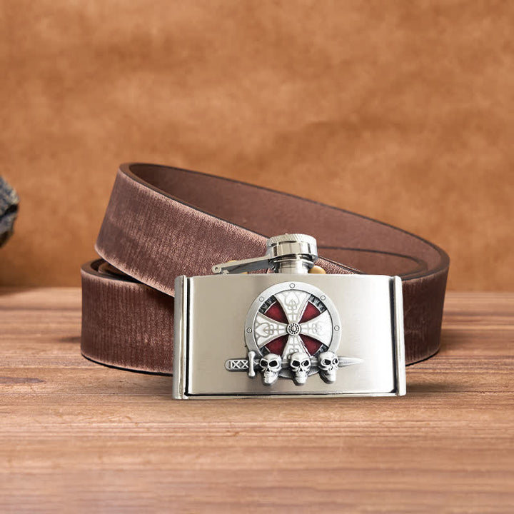 Cinturón de cuero celta con forma de cruz de 3 oz para hombre, hecho a mano, con frasco oculto