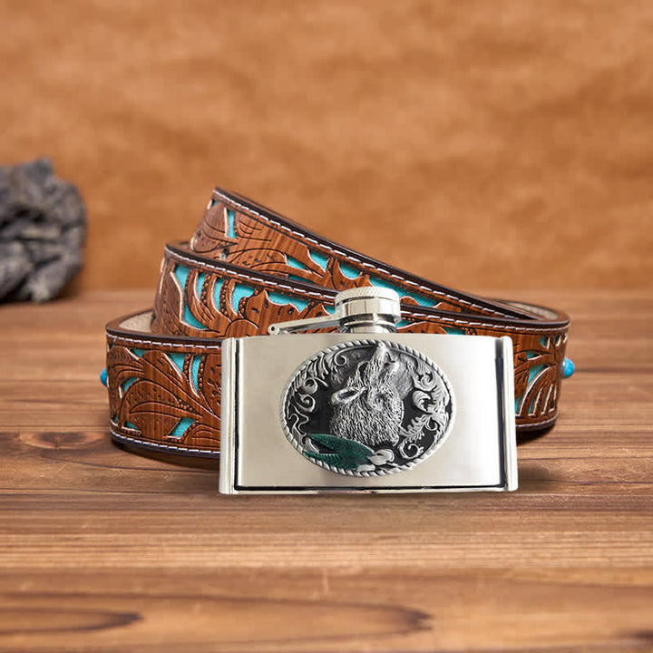 Cinturón de cuero de lobo aullador de 3 oz para hombre con frasco oculto
