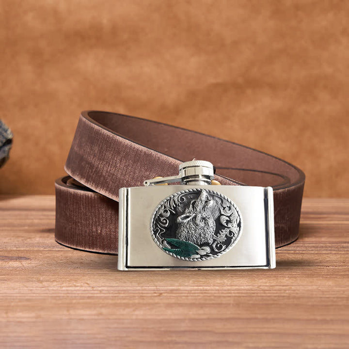 Cinturón de cuero de lobo aullador de 3 oz para hombre con frasco oculto