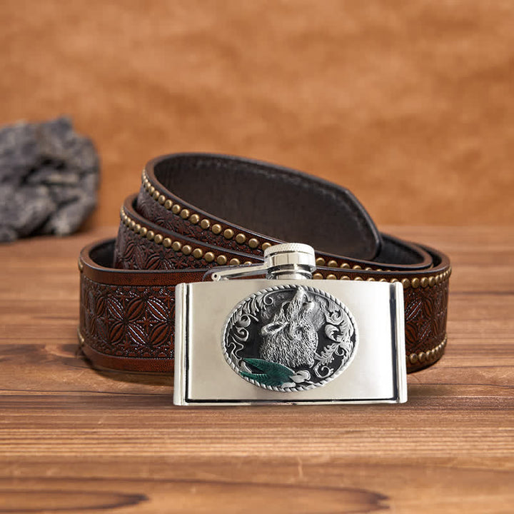 Cinturón de cuero de lobo aullador de 3 oz para hombre con frasco oculto