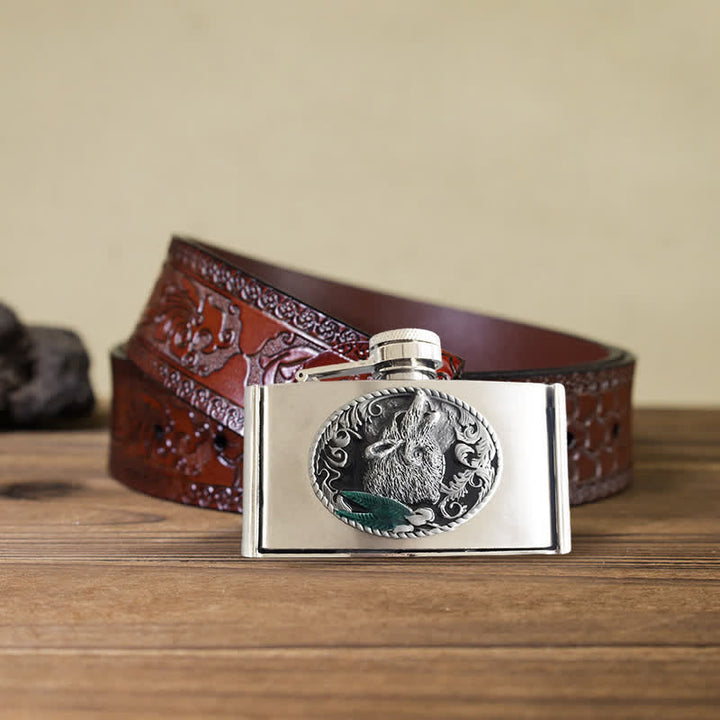 Cinturón de cuero de lobo aullador de 3 oz para hombre con frasco oculto