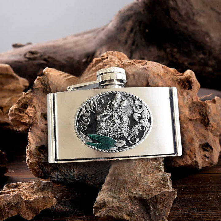 Cinturón de cuero de lobo aullador de 3 oz para hombre con frasco oculto