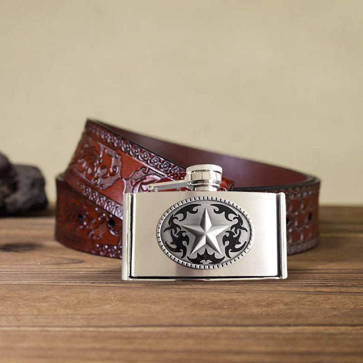 Cinturón de cuero Western Star de 3 oz para hombre con frasco oculto