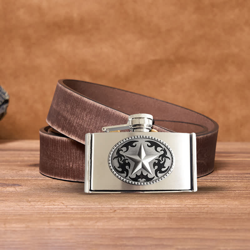 Cinturón de cuero Western Star de 3 oz para hombre con frasco oculto