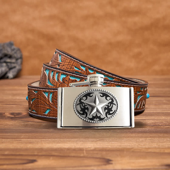 Cinturón de cuero Western Star de 3 oz para hombre con frasco oculto