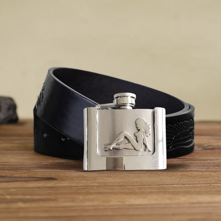 Cinturón de cuero de 2 oz para hombre con frasco oculto y diseño de perfil femenino