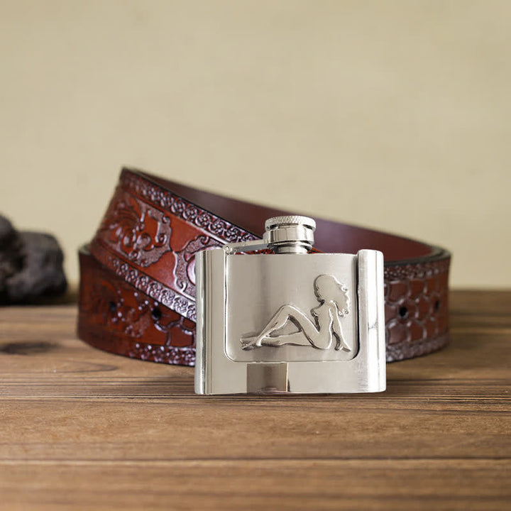 Cinturón de cuero de 2 oz para hombre con frasco oculto y diseño de perfil femenino