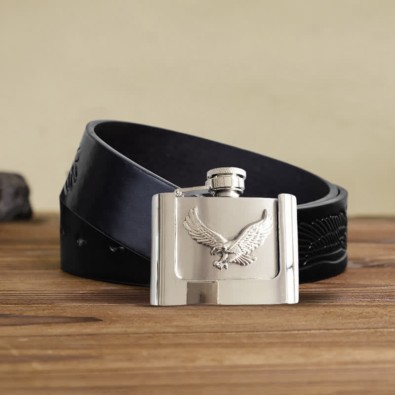 Cinturón de cuero con águila voladora de 2 oz para hombre, con frasco oculto, hecho a mano