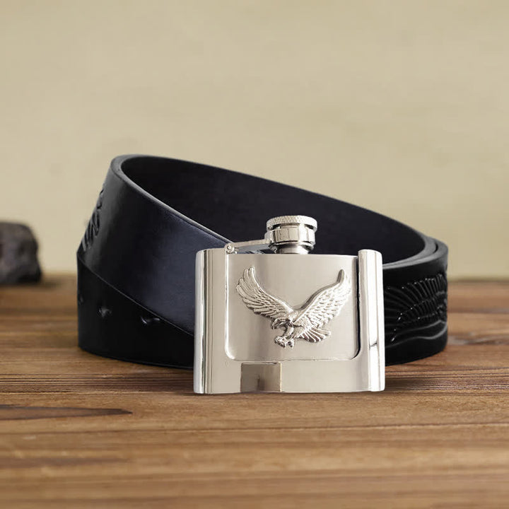 Cinturón de cuero con águila voladora de 2 oz para hombre, con frasco oculto, hecho a mano