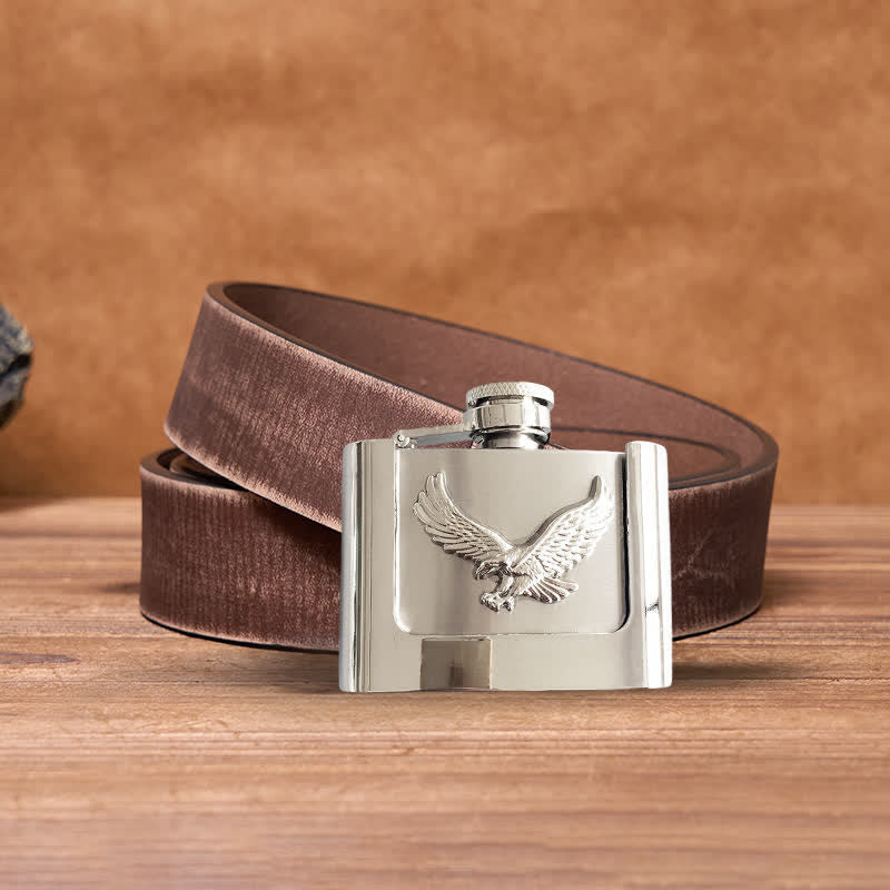 Cinturón de cuero con águila voladora de 2 oz para hombre, con frasco oculto, hecho a mano