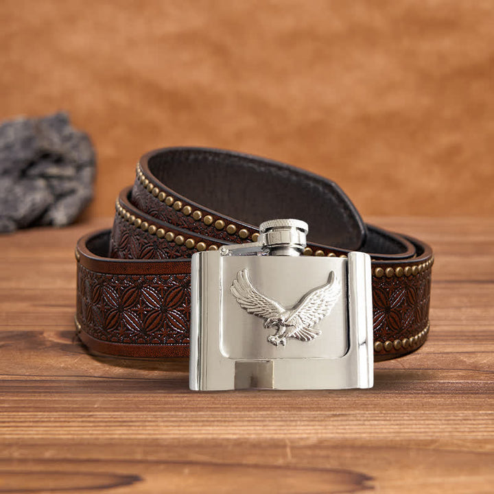 Cinturón de cuero con águila voladora de 2 oz para hombre, con frasco oculto, hecho a mano