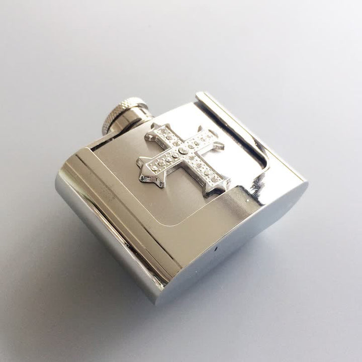 Cinturón de cuero con diamantes de imitación en forma de cruz de 2 oz para hombre, con frasco oculto, hecho a mano
