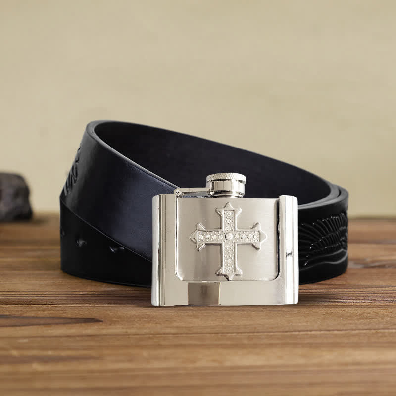 Cinturón de cuero con diamantes de imitación en forma de cruz de 2 oz para hombre, con frasco oculto, hecho a mano