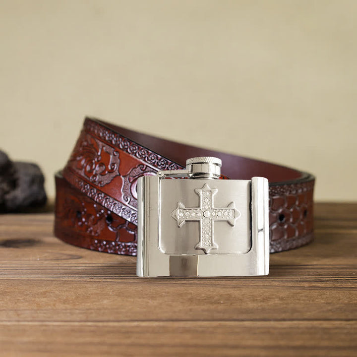 Cinturón de cuero con diamantes de imitación en forma de cruz de 2 oz para hombre, con frasco oculto, hecho a mano