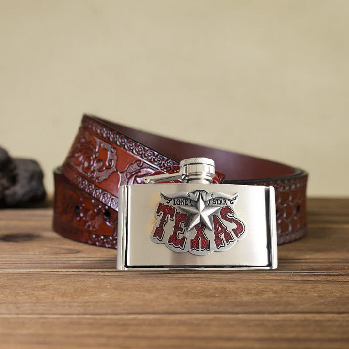Cinturón de cuero Texas Star de 3 oz para hombre con frasco oculto