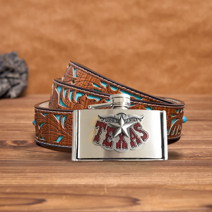 Cinturón de cuero Texas Star de 3 oz para hombre con frasco oculto