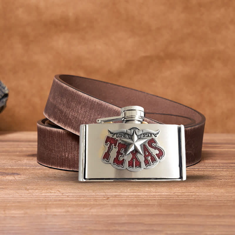 Cinturón de cuero Texas Star de 3 oz para hombre con frasco oculto