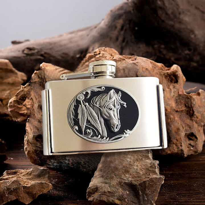 Cinturón de cuero con forma de cabeza de caballo de 3 oz para hombre con frasco oculto