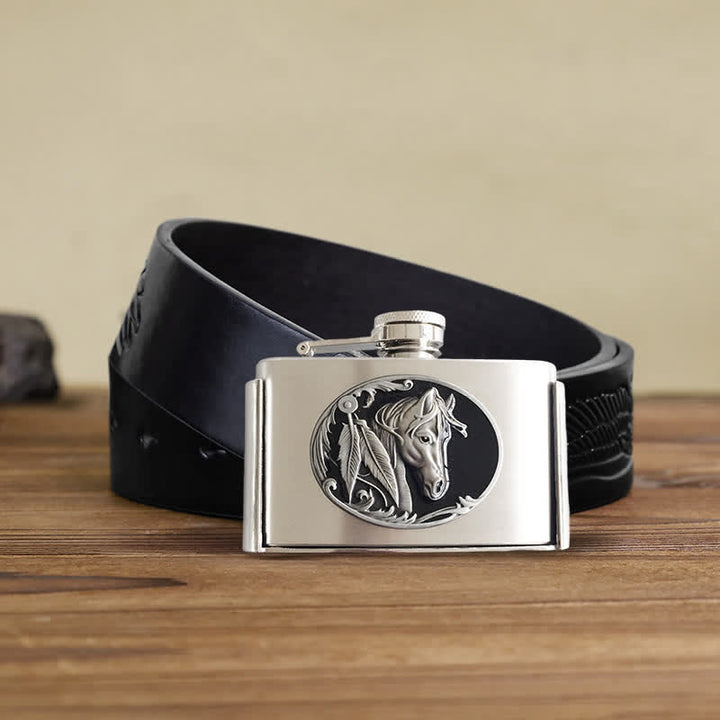 Cinturón de cuero con forma de cabeza de caballo de 3 oz para hombre con frasco oculto