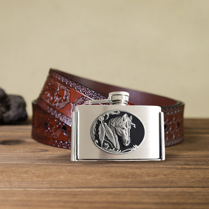 Cinturón de cuero con forma de cabeza de caballo de 3 oz para hombre con frasco oculto