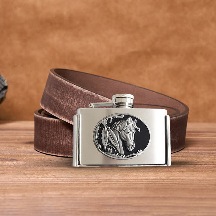 Cinturón de cuero con forma de cabeza de caballo de 3 oz para hombre con frasco oculto