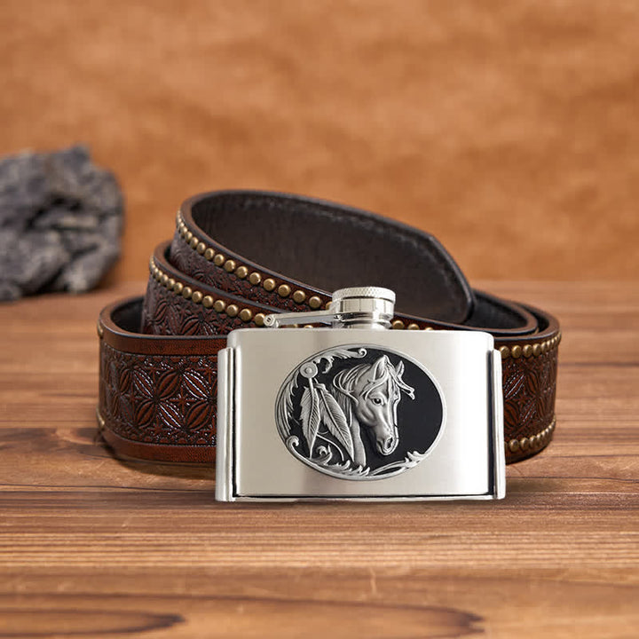 Cinturón de cuero con forma de cabeza de caballo de 3 oz para hombre con frasco oculto