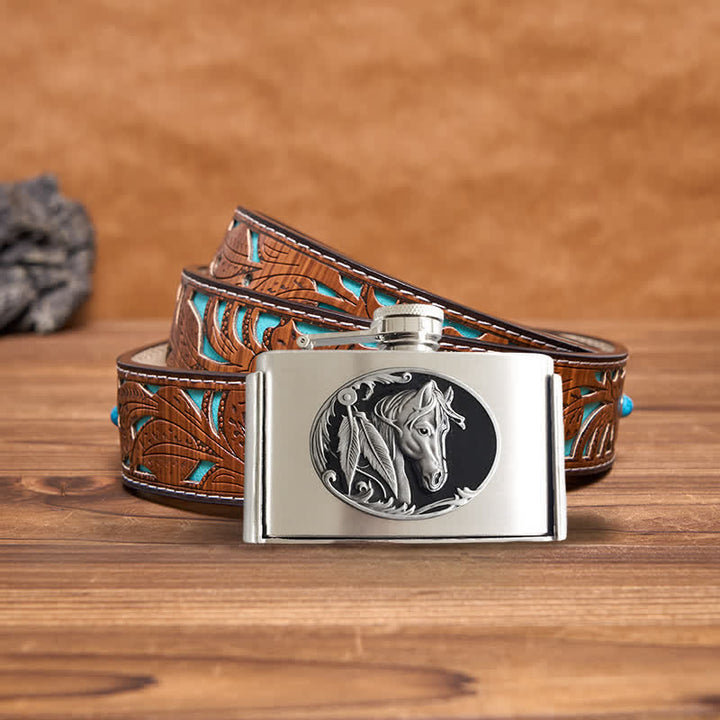 Cinturón de cuero con forma de cabeza de caballo de 3 oz para hombre con frasco oculto