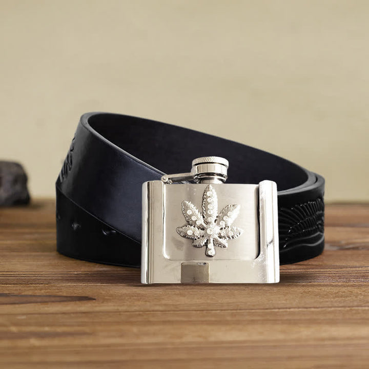 Cinturón de cuero con diamantes de imitación y hoja de arce de 2 oz para hombre, con frasco oculto, hecho a mano