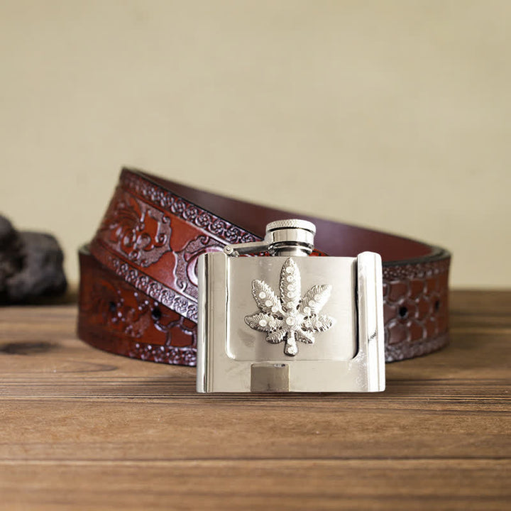 Cinturón de cuero con diamantes de imitación y hoja de arce de 2 oz para hombre, con frasco oculto, hecho a mano