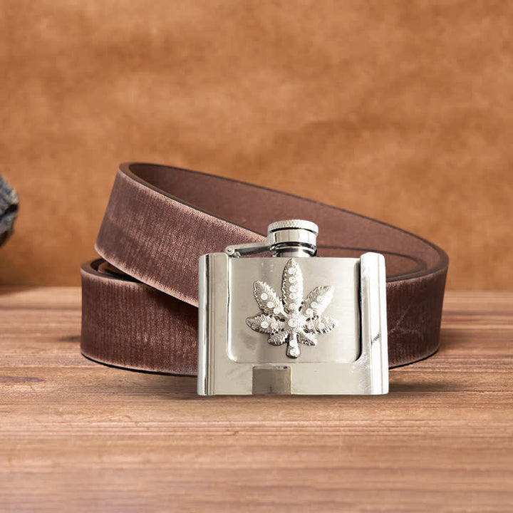 Cinturón de cuero con diamantes de imitación y hoja de arce de 2 oz para hombre, con frasco oculto, hecho a mano