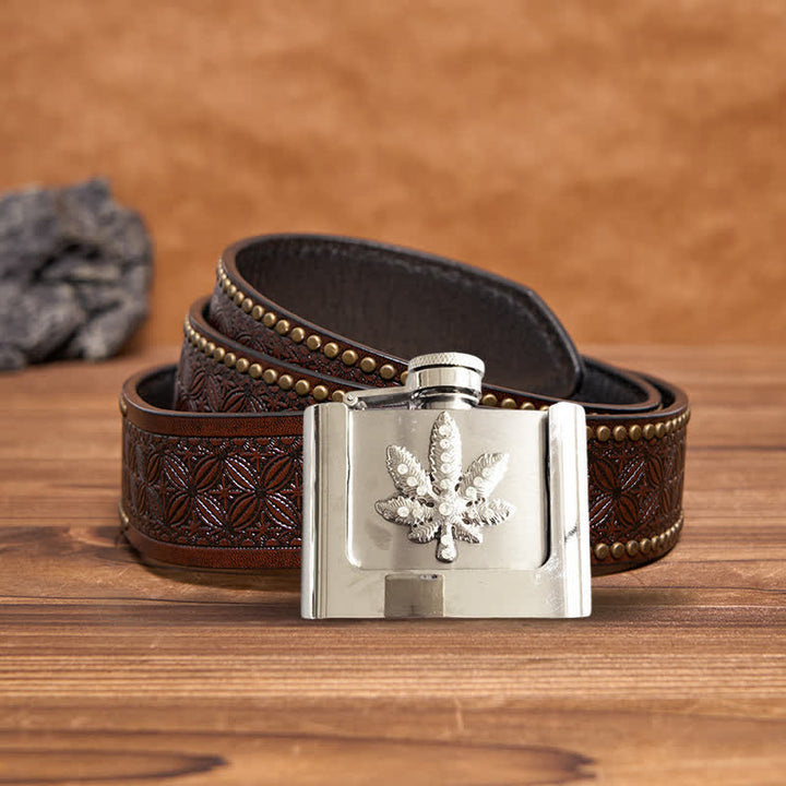 Cinturón de cuero con diamantes de imitación y hoja de arce de 2 oz para hombre, con frasco oculto, hecho a mano