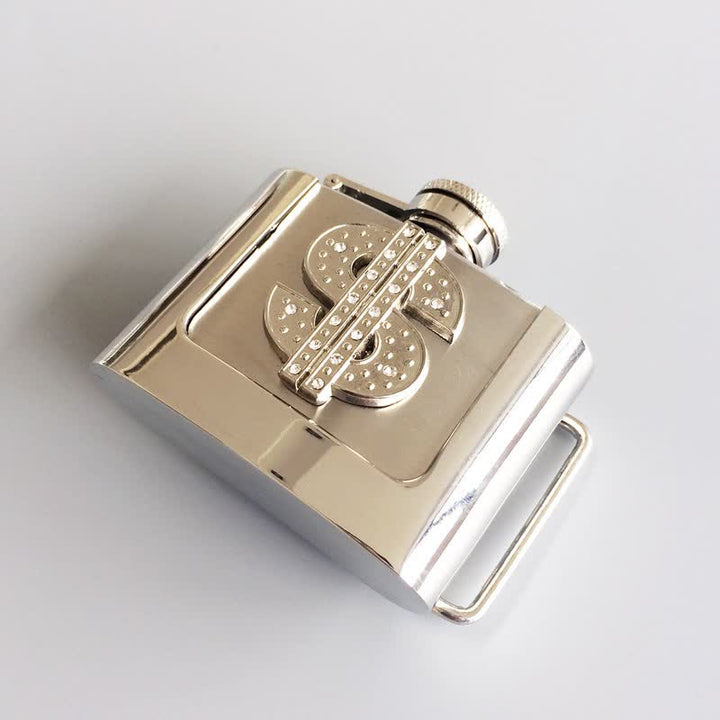 Cinturón de cuero con diamantes de imitación y signo de dólar de 2 oz para hombre con frasco oculto
