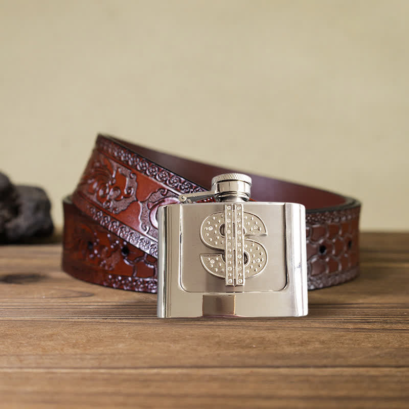 Cinturón de cuero con diamantes de imitación y signo de dólar de 2 oz para hombre con frasco oculto