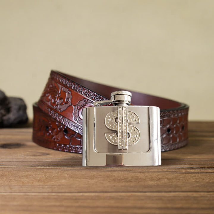 Cinturón de cuero con diamantes de imitación y signo de dólar de 2 oz para hombre con frasco oculto
