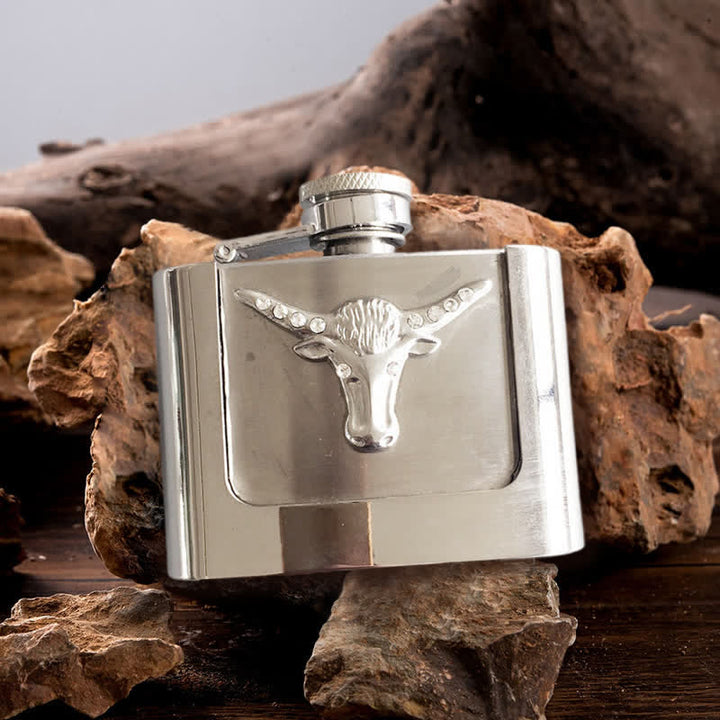 Cinturón de cuero con forma de cabeza de toro de 2 oz para hombre, con frasco oculto, hecho a mano
