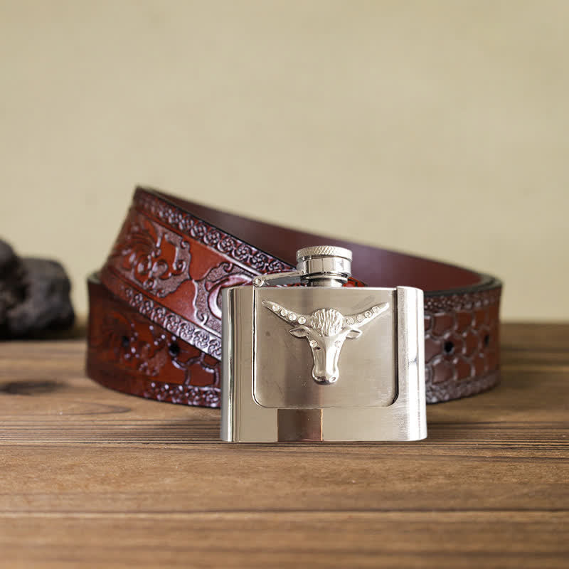 Cinturón de cuero con forma de cabeza de toro de 2 oz para hombre, con frasco oculto, hecho a mano