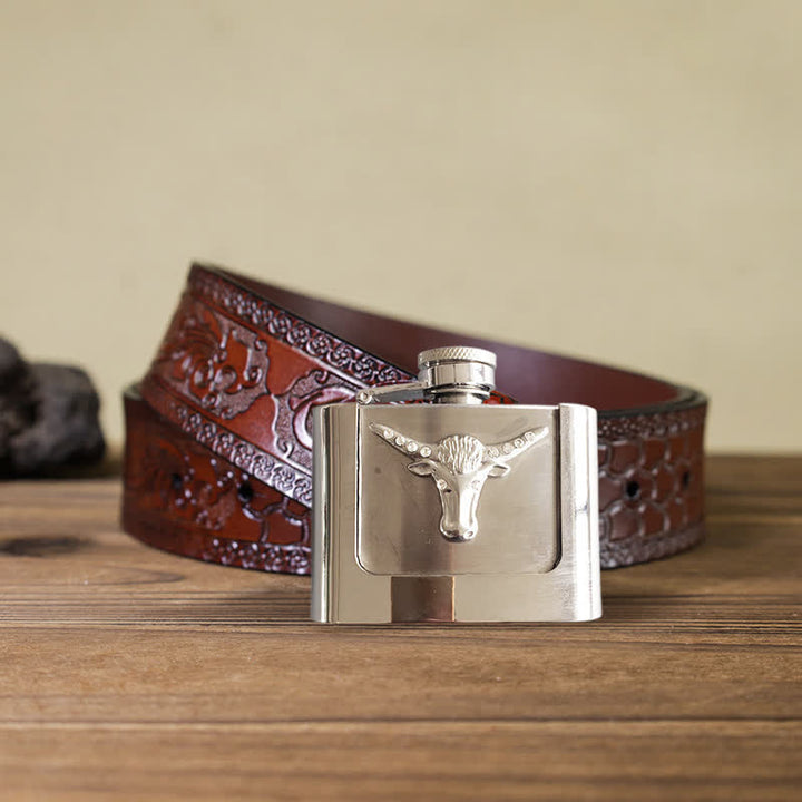 Cinturón de cuero con forma de cabeza de toro de 2 oz para hombre, con frasco oculto, hecho a mano