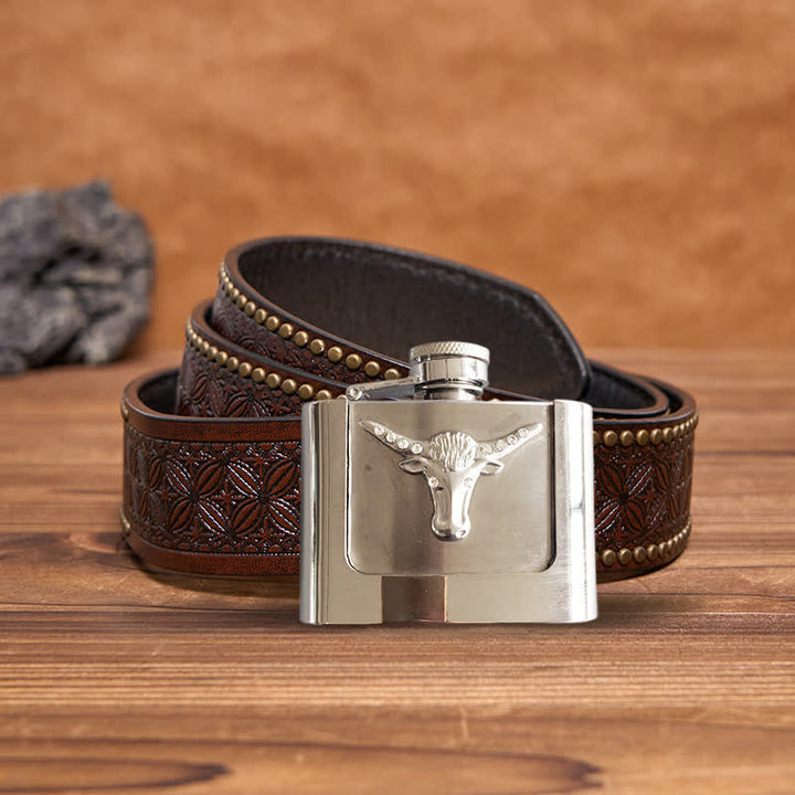 Cinturón de cuero con forma de cabeza de toro de 2 oz para hombre, con frasco oculto, hecho a mano