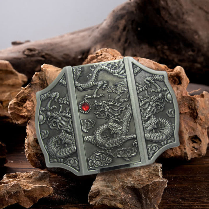 Cinturón de cuero con diseño de dragón plateado antiguo para hombre con encendedor oculto