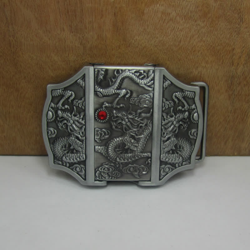 Cinturón de cuero con diseño de dragón plateado antiguo para hombre con encendedor oculto