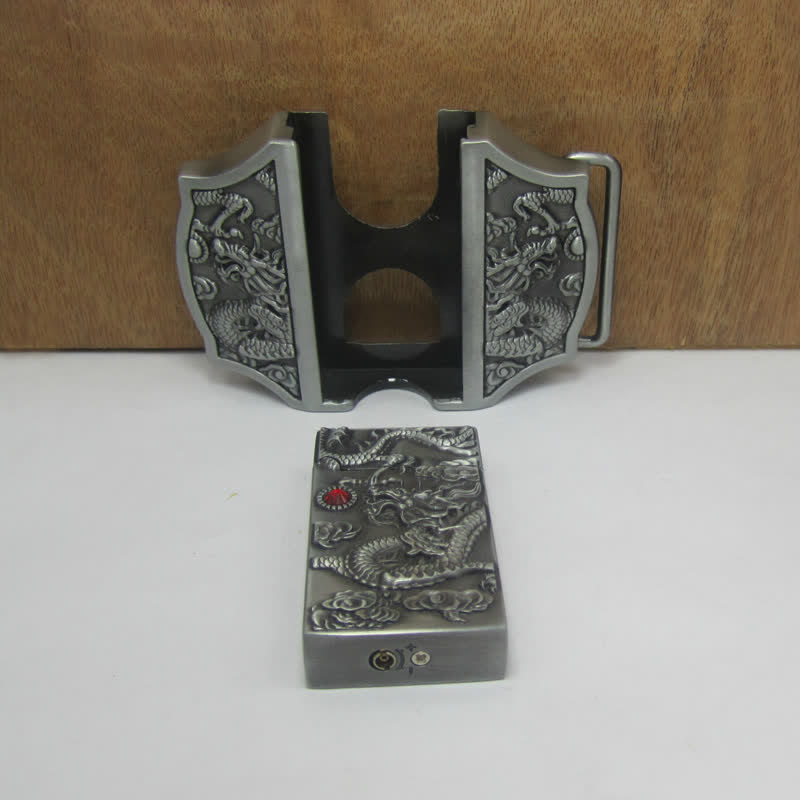 Cinturón de cuero con diseño de dragón plateado antiguo para hombre con encendedor oculto