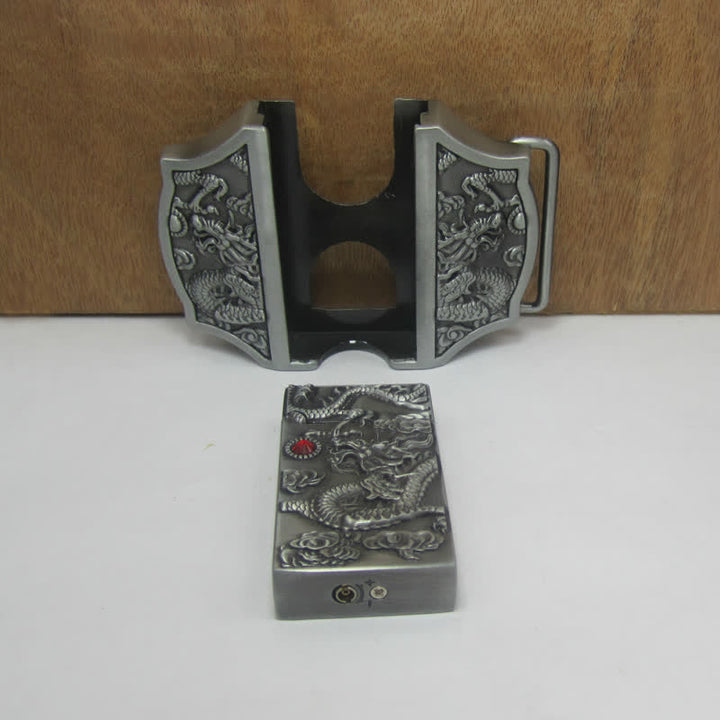 Cinturón de cuero con diseño de dragón plateado antiguo para hombre con encendedor oculto