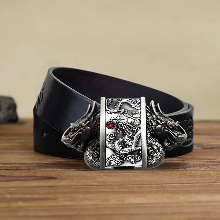Cinturón de cuero con doble dragón plateado antiguo para hombre, con encendedor oculto, hecho a mano