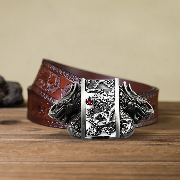Cinturón de cuero con doble dragón plateado antiguo para hombre, con encendedor oculto, hecho a mano