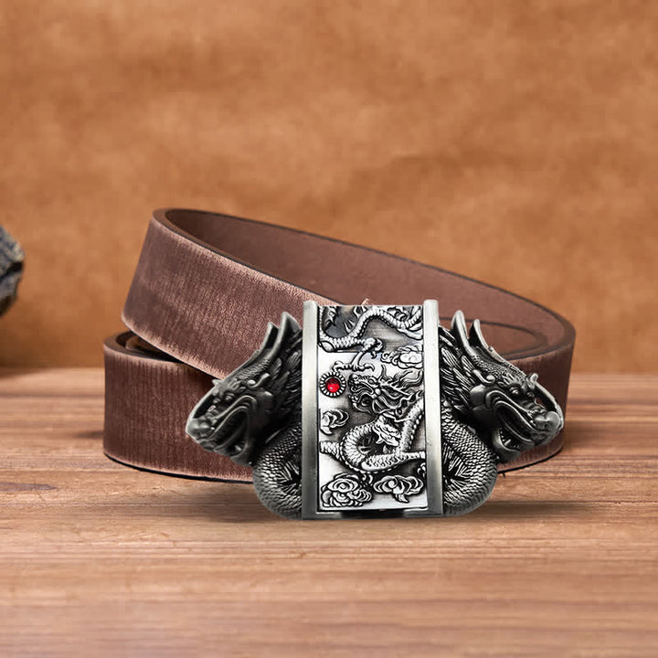 Cinturón de cuero con doble dragón plateado antiguo para hombre, con encendedor oculto, hecho a mano