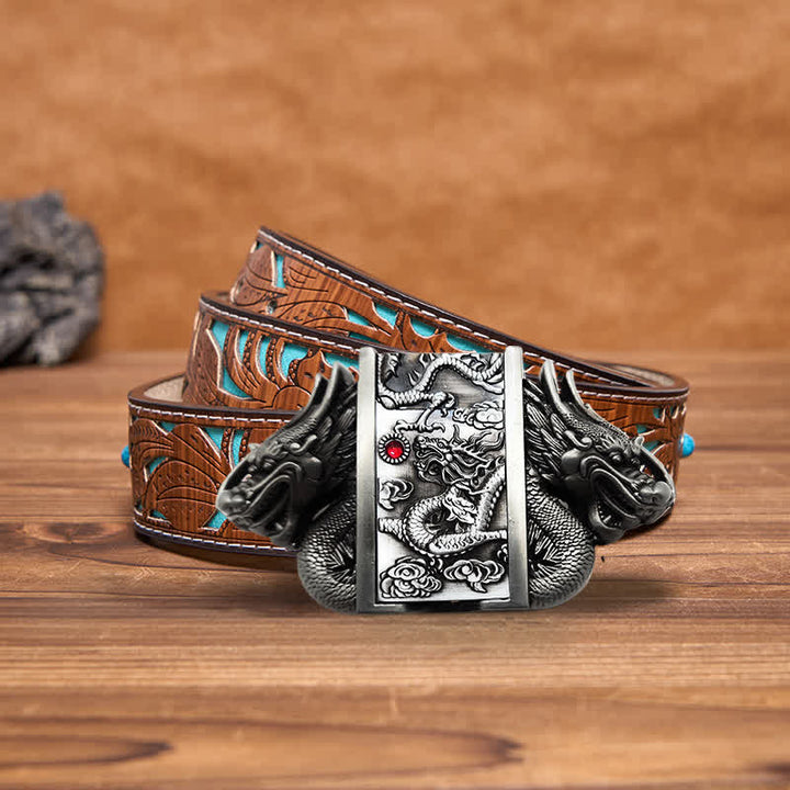 Cinturón de cuero con doble dragón plateado antiguo para hombre, con encendedor oculto, hecho a mano