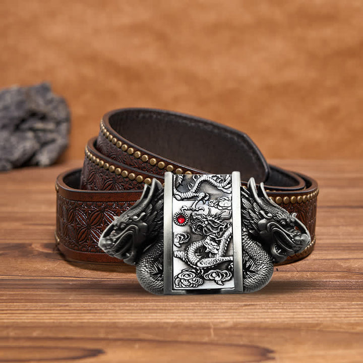 Cinturón de cuero con doble dragón plateado antiguo para hombre, con encendedor oculto, hecho a mano