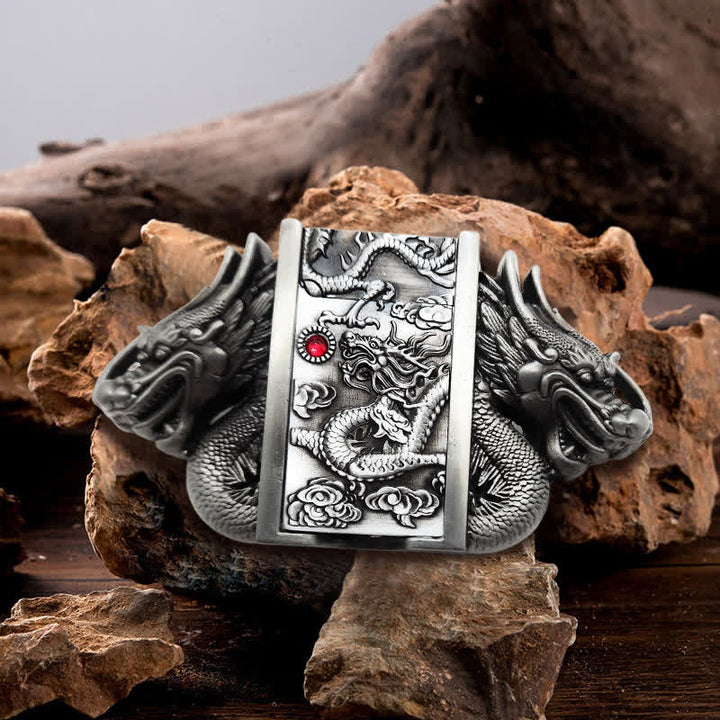 Cinturón de cuero con doble dragón plateado antiguo para hombre, con encendedor oculto, hecho a mano
