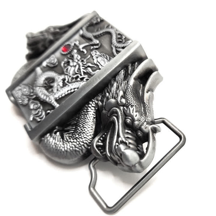 Cinturón de cuero con doble dragón plateado antiguo para hombre, con encendedor oculto, hecho a mano